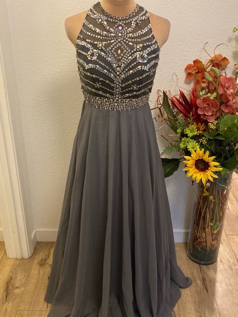 Embellished Medium Size Halter Evening Dress in Charcoal Gray